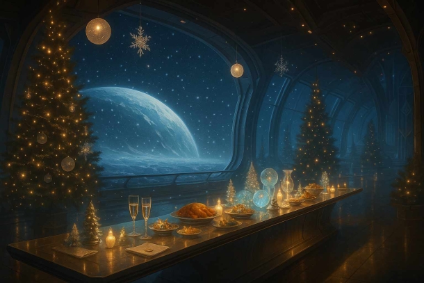 Winetrfest an der Sternenakakdemie: Eine mit intergalaktischen Speisen gedeckte Tafel, warm wirkende Lichter, vor dem Fenster das Weltall