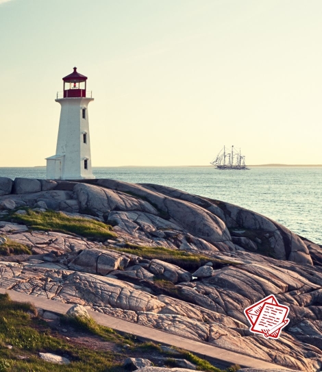 Leuchtturm Peggy´s Cove (Kanada) mit Grafik eines traditionellen Segelschiffs