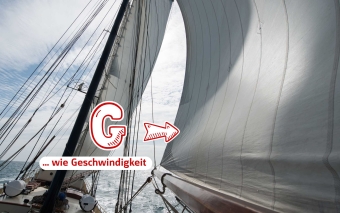 Blick vom Deck eines Segelschiffs mit großen weißen Segeln, die sich im Wind vor einem blauen Himmel blähen. Im Hintergrund erstreckt sich das tiefblaue Meer. Der darüber gelegte deutsche Text lautet „G ...wie Geschwindigkeit“. Das Bild vermittelt die Bewegung und Kraft des Segelns.