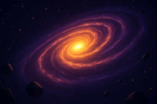 Ein Spiralnebel im All, außen in Violetten, nach innen orange bis leuchtend Gelb; das All im Hintergrund dunkelblau