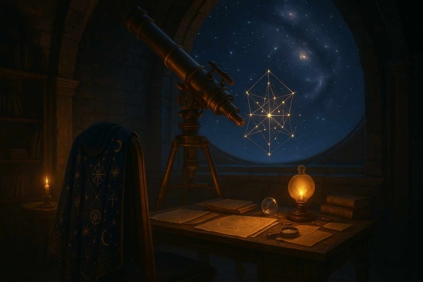 Das Observatorium mit historischen Geräten, Fernrohr, einem schweben Sternbild und Blick auf die Milchstraße