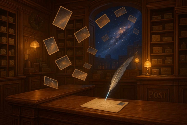 Postamt der Milchstraße: historische Holzmöbel, warmes Licht. Ein Federkiel, der wie von selbst auf einer Postkarte schreibt. Weitere schweben in der Luft.