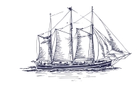 Grafik eines historischen Segelschiffs mit drei Masten