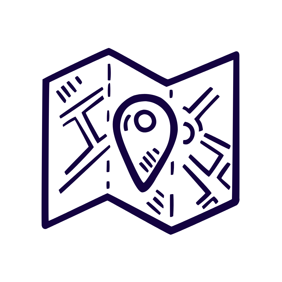 Icon als Zeichnung einer Landkarte mit Marker in blauer Farbe.