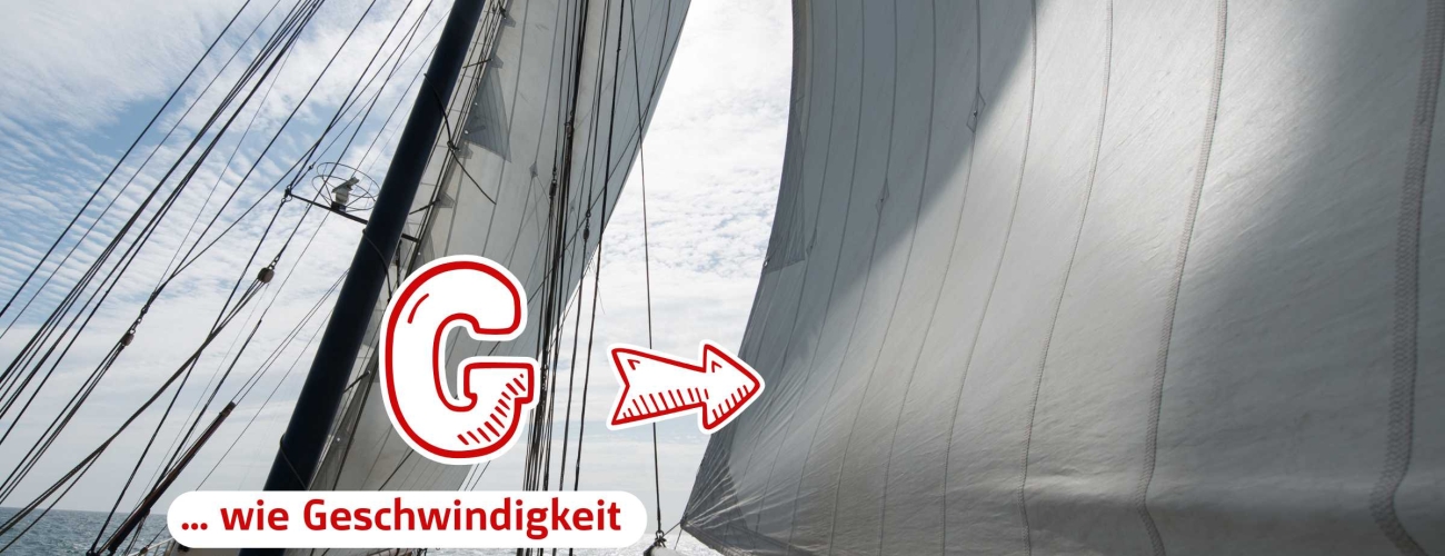 Blick vom Deck eines Segelschiffs mit großen weißen Segeln, die sich im Wind vor einem blauen Himmel blähen. Im Hintergrund erstreckt sich das tiefblaue Meer. Der darüber gelegte deutsche Text lautet „G ...wie Geschwindigkeit“. Das Bild vermittelt die Bewegung und Kraft des Segelns.