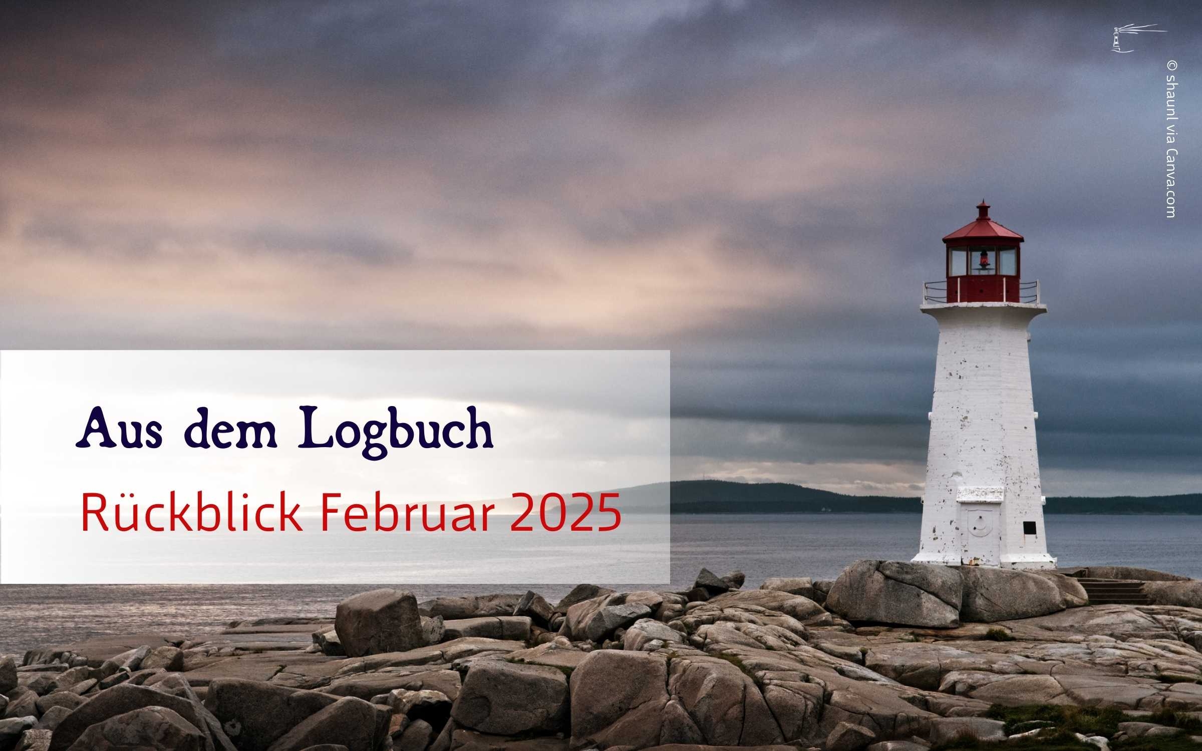 Der Leuchtturm Peggy´s Cove auf Nova Scotia, Kanada, steht auf einer felsigen Küste unter einem wolkigen Himmel. Auf dem Bild steht der Text: „Rückblick auf den Februar 2025“. Der Leuchtturm hebt sich deutlich von den grauen Felsen und dem trüben Himmel ab, was die Szenerie dramatisch und stimmungsvoll wirken lässt. Die Wolken sind dicht und bedecken einen Großteil des Himmels, wodurch sie eine Atmosphäre der Ruhe und Einsamkeit schaffen. Dieses Bild illustriert einen Rückblick auf vergangene Ereignisse im Februar 2025, indem es eine ruhige und reflektierende Stimmung vermittelt.