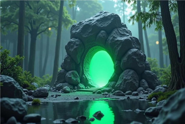 Der Spiegelfels auf dem Planeten Neptura: Ein bogenförmiger Fels mit einem grün leuchtenden Oval im Zentrum