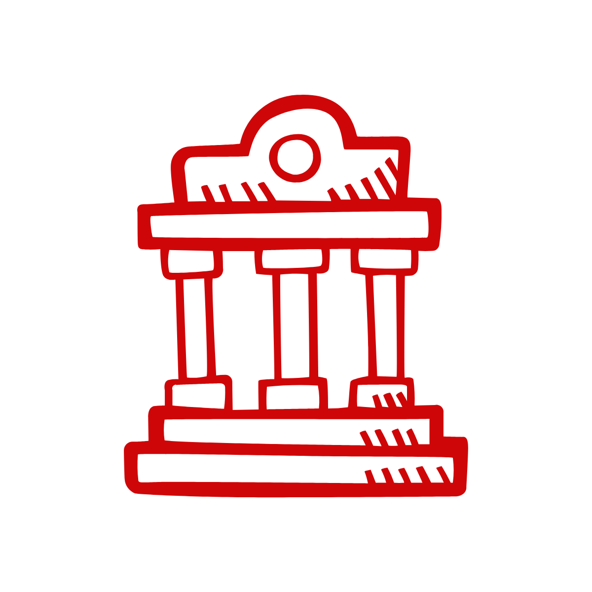 Abbildung eines klassischen griechischen Tempels mit vier roten Säulen und einem roten dreieckigen Giebel vor weißem Hintergrund. Der Tempel ist in einem einfachen, cartoonartigen Stil gezeichnet, der kräftige Farben und klare Linien betont.