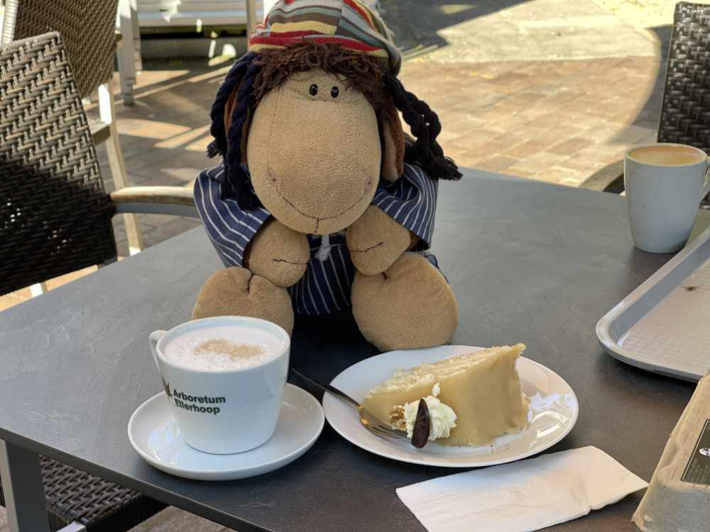 Schaf Paul sitzt vor einer Tasse Milchkaffee und einem Stück Kuchen