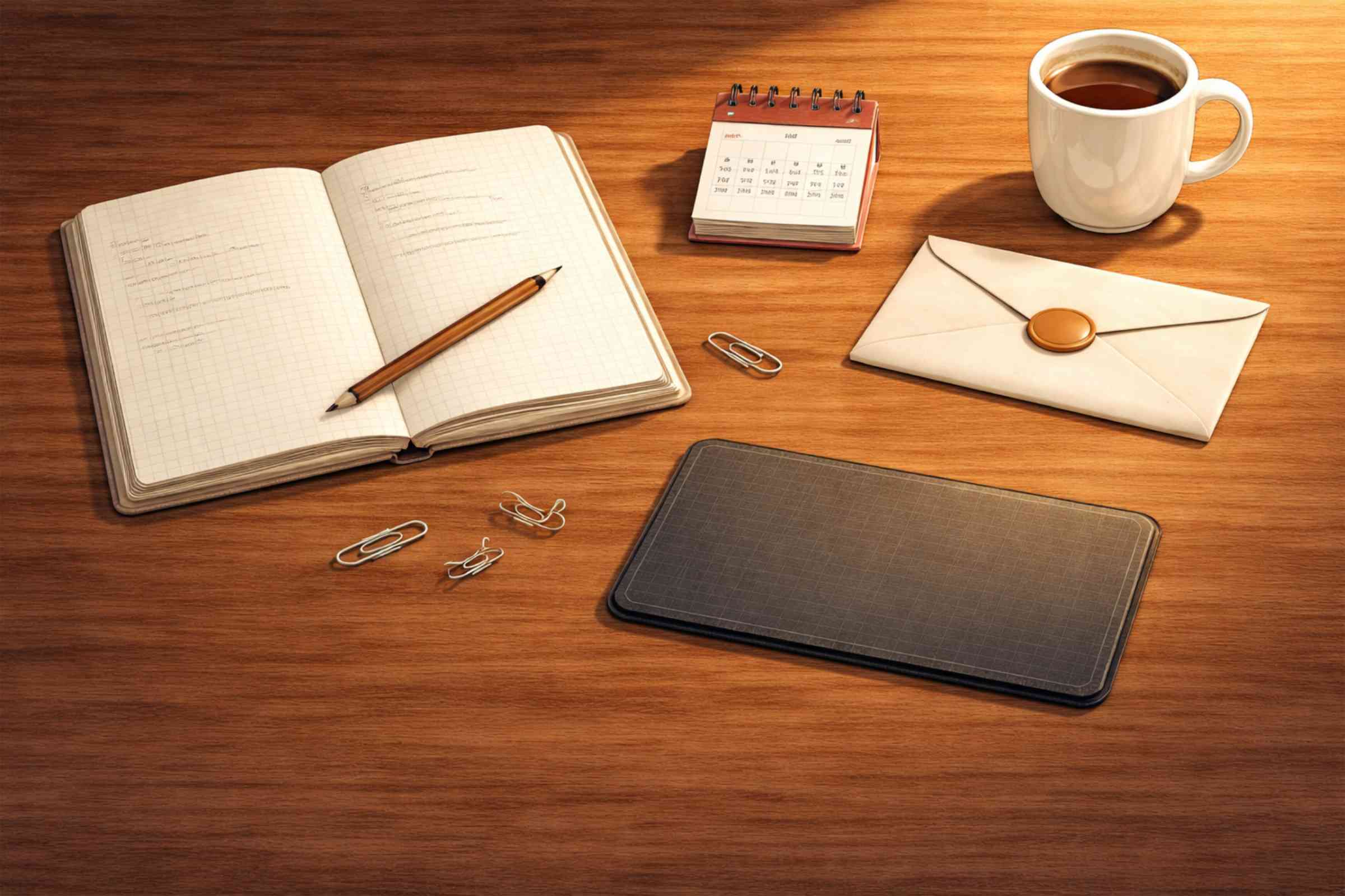 Symbolbild für Notion-KI mit Google verbinden: Heller Holztisch mit offenem Notizbuch, Bleistift, Kaffeetasse, Umschlag, Kalender, Papierklammern