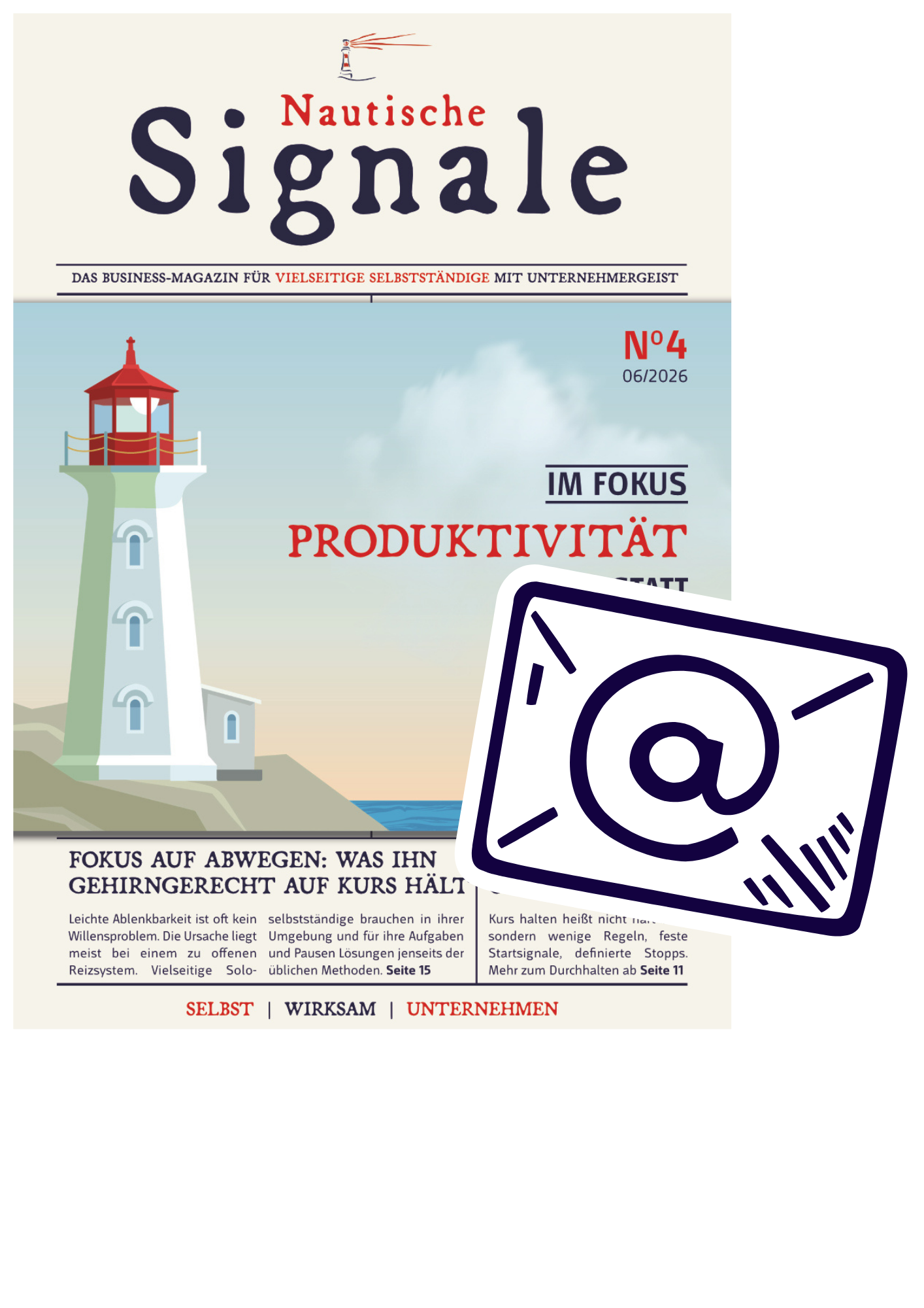 Titelbild Magazin Nautische Signale No.4, Fokusthema Produktivität und Icon Newsletter freiraum.zone