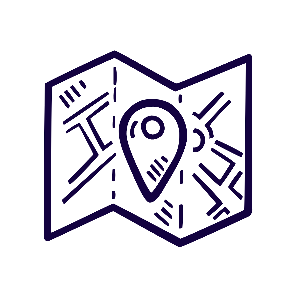 Icon als Zeichnung einer Landkarte mit Marker in blauer Farbe.