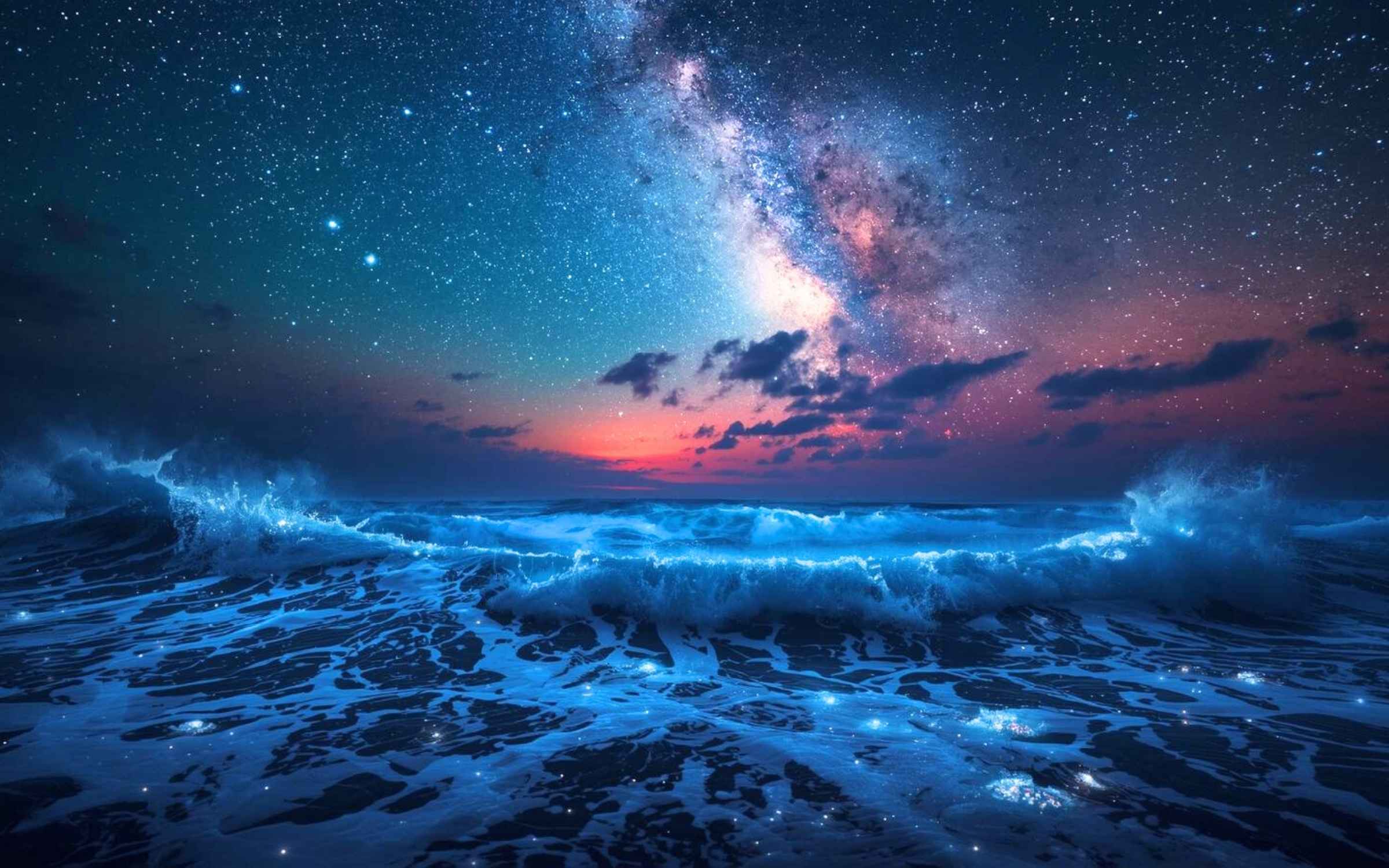 Leuchtende blaue Wellen mit Biolumineszenz vor dunklem Meer, dar&uuml;ber ein klarer Himmel voller Sterne und die Milchstra&szlig;e.