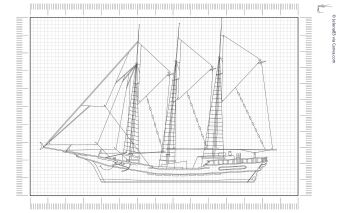 Konstruktionszeichnung eines historischen Segelschiffs auf Karopapier und Lineal an den Rändern