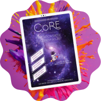 Expeditionsreise zum Selbst: Magazin-Titelbild von CoRE auf einem Tablet. Auf dem Cover ist eine illustrierte Astronautin zu sehen, die auf ihrer Rakete im Raum schwebt, umgeben von Sternen und Planeten. Der Hintergrund besteht aus tiefem Blauviolett mit leuchtenden Sternen. Im Hintergrund ein bunter Farbspritzer auf Pink, der dem ganzen Dynamik gibt.