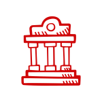 Abbildung eines klassischen griechischen Tempels mit vier roten S&auml;ulen und einem roten dreieckigen Giebel vor wei&szlig;em Hintergrund. Der Tempel ist in einem einfachen, cartoonartigen Stil gezeichnet, der kr&auml;ftige Farben und klare Linien betont.