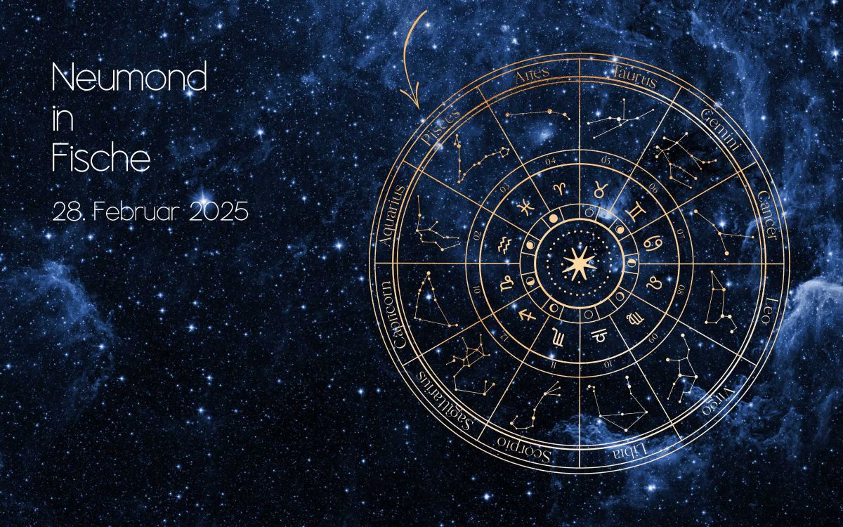 Eine Tierkreisrad-Abbildung vor einem sternenklaren Hintergrund hebt das Sternzeichen Fische hervor. Links im Bild steht in wei&szlig;er Schrift &bdquo;Neumond in Fische&ldquo; und darunter &bdquo;28. Februar 2025&ldquo;. Der Himmel ist mit funkelnden Sternen &uuml;bers&auml;t und das Tierkreisrad ist detailliert gestaltet, wobei das Symbol f&uuml;r Fische besonders hervorgehoben ist. Die Farben sind &uuml;berwiegend dunkelblau und schwarz, um die Nacht darzustellen, mit leuchtenden wei&szlig;en Elementen zur Hervorhebung der Schrift und Sterne.