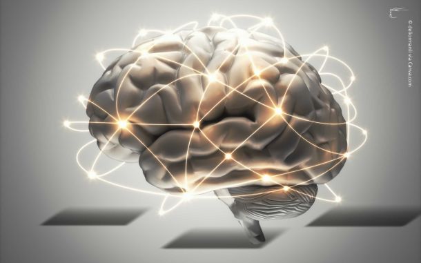 Bild eins Gehirn in Seitenansicht mit grafischem Netzwerk von Knotenpunkten als Sinnbild f&uuml;r vernetztes Denken und Hochbegabung