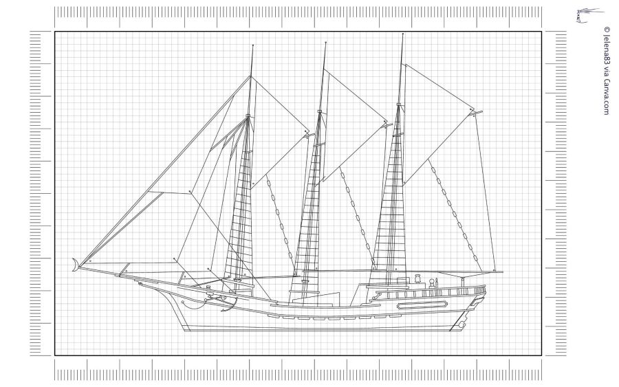 Konstruktionszeichnung eines historischen Segelschiffs auf Karopapier und Lineal an den R&auml;ndern