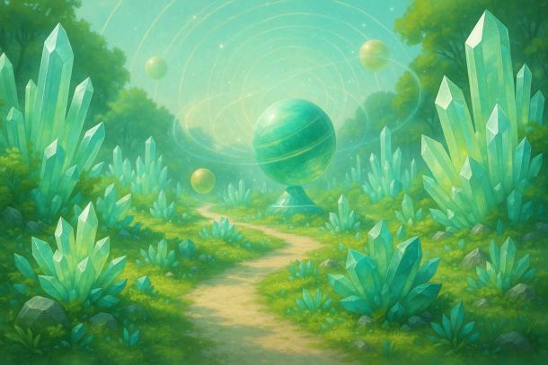 Die krsitallinen Gärten: Ein in leuchtende Grüntöne getauchte Bereich mit Pfad, der zu einem Planteemodeel von Neptura führt. Die Pflanzen bestehen aus Kristallen.