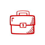 Handgezeichnete Illustration einer Aktentasche mit roten Eins&auml;tzen und wei&szlig;en Kanten, mit einem Griff an der Oberseite und einem Verschluss vorne.