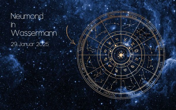 Eine astrologische Karte zeigt Sternbilder und Tierkreiszeichen vor einem funkelnden, sternenklaren Hintergrund. Oben steht in klarer Schrift: „Neumond in Wassermann, 29. Januar 2025“. Das Bild symbolisiert Veränderung und hebt das Tierkreiszeichen Wassermann mit einem leuchtenden Kreis hervor. Die Farben sind überwiegend dunkelblau und silbrig, um die nächtliche Atmosphäre zu betonen. Dieses Bild soll den Einfluss des Neumondes im Zeichen Wassermann auf die Gesellschaft darstellen.