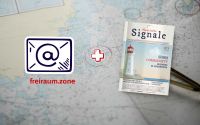 Das Business-Magazin Nautische Signale liegt auf einer Seekarte. Daneben sind ein rotes Plus, ein E-Mail-Symbol f&uuml;r den Newsletter freiraum.zone.