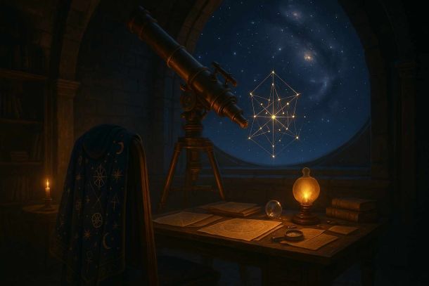 Das Observatorium mit historischen Geräten, Fernrohr, einem schweben Sternbild und Blick auf die Milchstraße