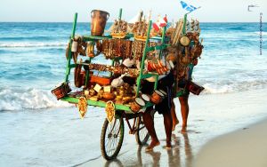 Ein Verk&auml;ufer schiebt sein Fahrrad mit einem &uuml;berf&uuml;llten Verkaufsgestell am menschenleeren Strand entlang. Das ild steht symbolisch daf&uuml;r, dass ein Bauchladen als Onlinebusiness-Modell ungeeignet ist.