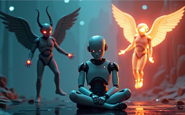 Symbolbild zum Thema &bdquo;K&uuml;nstliche Intelligent beeinflusst unser Denken&ldquo;. In einer nebligen, futuristischen Szene sitzt ein humanoider Roboter im Schneidersitz mit nachdenklichem Blick. Er repr&auml;sentiert die Frage, ob KI Fluch oder Segen ist. Links hinter ihm schwebt eine Figur, die den Teufel symbolisiert, rechts eine im Aussehen eines Engels. Der Farbkontrast von hell und dunkelzwischen den beiden hebt deren symbolische Gegens&auml;tze hervor. Der Hintergrund ist in sanften Graut&ouml;nen gehalten.