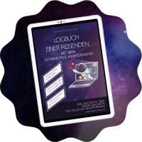 Mockup Tablet mit Titelbild CoRE Logbuch einer Reisenden mit Astronautin Nrya
