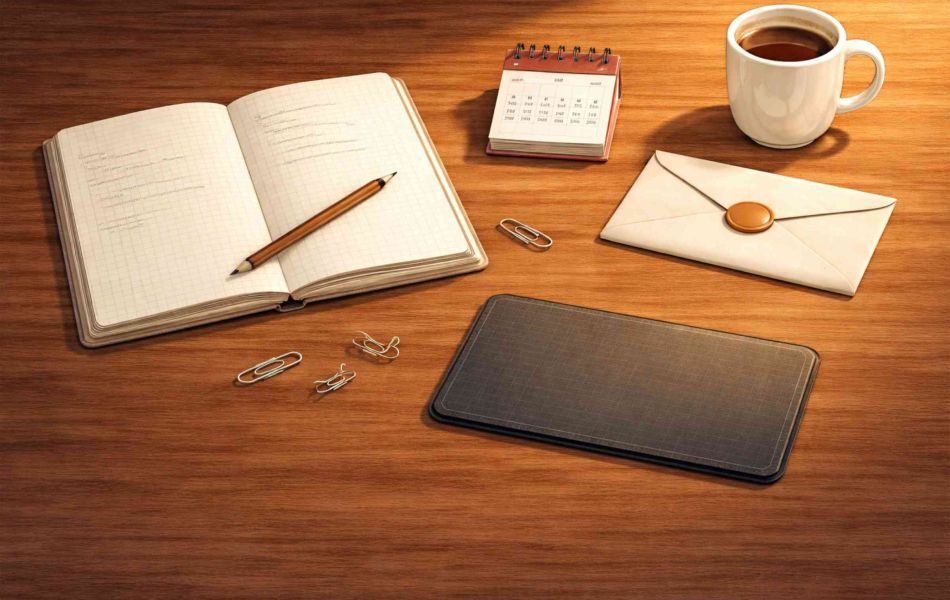 Symbolbild für Notion-KI mit Google verbinden: Heller Holztisch mit offenem Notizbuch, Bleistift, Kaffeetasse, Umschlag, Kalender, Papierklammern