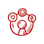 Eine rot-wei&szlig;e Illustration zeigt einen zentralen Kreis mit einem Personensymbol in der Mitte. Dar&uuml;ber enthalten drei separate Kreise jeweils Symbole: ein Herz, ein gelbes Gesicht und einen Blitz. Dieses Design bildet die Emotionen einer Erfahrung ab &ndash; von gl&uuml;cklich und zufrieden &uuml;ber akzeptabel bis zu unzufrieden.