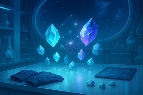 Das Labor der Sternenakademie: Ein Arbeitstisch mit Notiz-Pad und Kristallen, Schutzhandschuhen. In der Luft schwebende Kristalle.