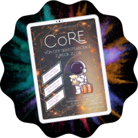 Runder Button mit gewelltem Rand, Hintergrund dunkel mit Farbeffekt wie Nordlichter, im Vordergrund ein Tablet-Mockup mit dem Titelbild des Magazins "Raus aus der Selbstsabotage".