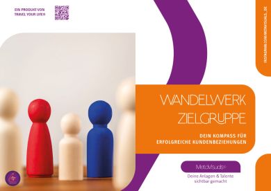 Auf dem Produktbild sind mehrere Holzfiguren, davon eine rot und eine blau bemalt. Sie stehen symbolisch f&uuml;r die Menschen der gesuchten Zielgruppe. Im rechten Teil steht "Wandelwerk Zielgruppe" mit dem Slogan &bdquo;Dein Kompass f&uuml;r erfolgreiche Kundenbeziehungen&ldquo; als Symbol daf&uuml;r, dass ein Kompass ben&ouml;tigt wird, um dem Kurs zu folgen und das Ziel, die Zielgruppe als Fundament des eigenen Business. zu erreichen.