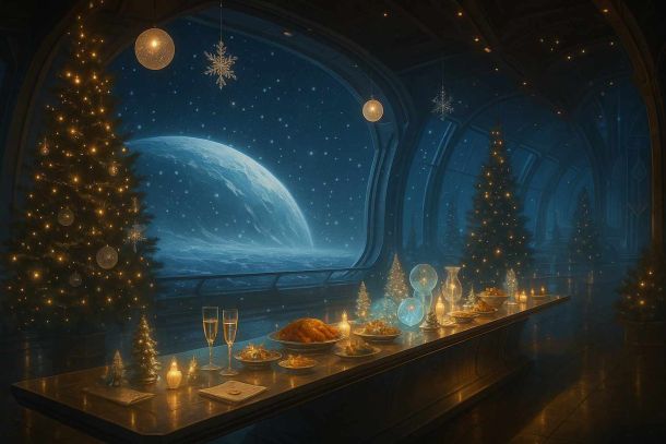 Winetrfest an der Sternenakakdemie: Eine mit intergalaktischen Speisen gedeckte Tafel, warm wirkende Lichter, vor dem Fenster das Weltall