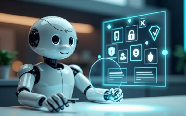 Die EU setzt mit ihrer KI-Verordnung neue Ma&szlig;st&auml;be | Ein wei&szlig;er humanoider Roboter sitzt an einem Tisch in einem modernen Raum. Vor ihm schwebt eine digitale Benutzeroberfl&auml;che mit verschiedenen Sicherheits-Symbolen wie einem Schloss und einem Schild. Diese Szene symbolisiert die Rolle der k&uuml;nstlichen Intelligenz bei Ethik, Transparenz und Risikoklassen nach dem EU AI Act.