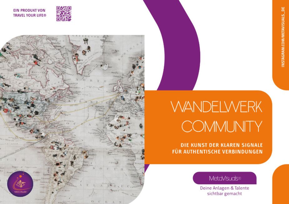 Historische Weltkarte auf der viele kleine Menschenfiguren auf zwei durch einen Ozean getrennten Kontinenten stehen &ndash; als Symbol f&uuml;r Menschen, die Verbindung zueinander suchen. Auf der rechten Seite steht &bdquo;Wandelwerk Community &ndash; Die Kunst der klaren Signale f&uuml;r authentische Verbindungen&ldquo; Durch eine metaphysische Analyse wird gezeigt, wie eine Community gebildet und gef&ouml;rdert werden kann, die sich authentische Verbindungen konzentriert.