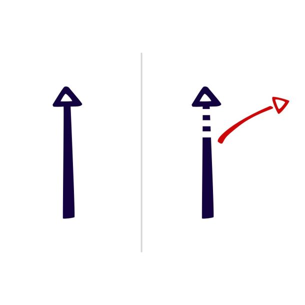 Icon aus einer Kombination aus Pfeilen. Einer geradeaus, der zweite als Doppelfeil, der sich teilt. Symbol für das Produkt Kurskorrektur.