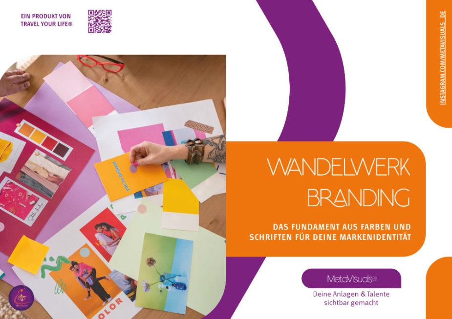 Verschiedene bunte Papiermuster und Designmaterialien auf einem Tisch. Der Text lautet: &bdquo;WANDELWERK BRANDING &ndash; Die Grundlage aus Farben und Schriftarten f&uuml;r deine Markenidentit&auml;t.&ldquo; Die Szene hat eine k&uuml;nstlerische Note, die das kreative Markenkonzept unterstreicht.