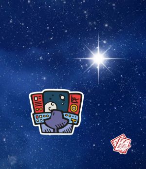 Icon eines Bedienpults eines Raumschiffs mit Planeten hinter der Scheibe und einem Icon aus Briefumschlag und Brief sowie Stift. Im Hintergrund ein sternen&uuml;bers&auml;ter Blick ins Weltall.